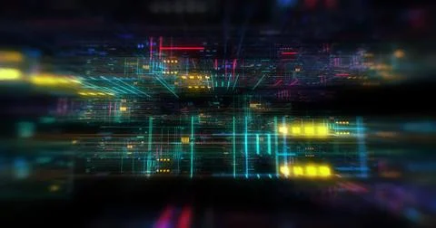 Abstract circuitry with digital grid background, Data deep learning computer  Stock Illustration