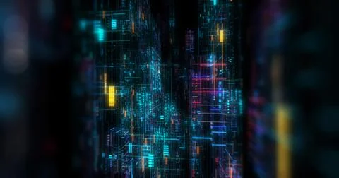 Abstract circuitry with digital grid background, Data deep learning computer  Illustrazione stock