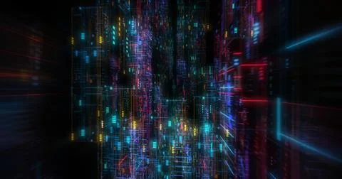 Abstract circuitry with digital grid background, Data deep learning computer  Illustrazione stock