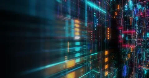 Abstract circuitry with digital grid background, Data deep learning computer  Stock Illustration