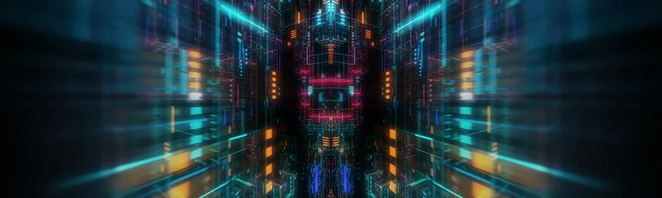 Abstract circuitry with digital grid background, Data deep learning computer  Stock Illustration