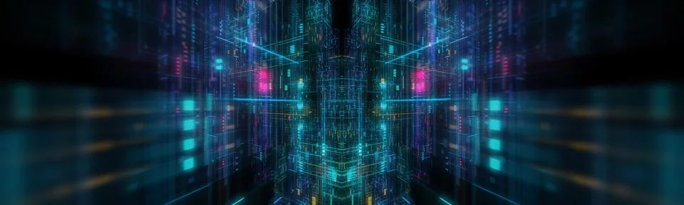 Abstract circuitry with digital grid background, Data deep learning computer  Illustrazione stock