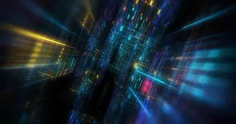 Abstract circuitry with digital grid background, Data deep learning computer  Stock Illustration