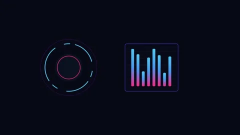 Abstract circular and bar chart interface elements on a dark background Vídeos de archivo 336262481
