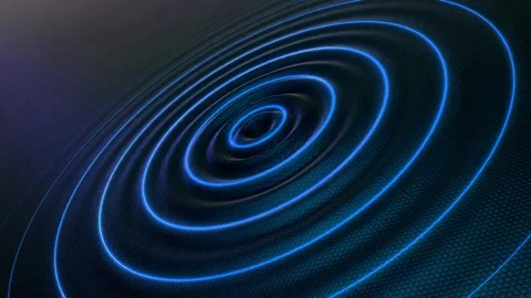 Abstract circular blue glowing light waves ripple on dark textured background Stock Footage 327519923