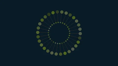 Abstract circular data network animation with rotating connected nodes on dark Stock Footage 334139156
