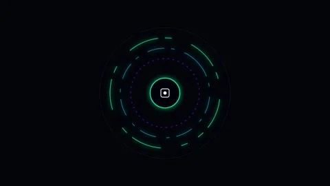 Abstract circular digital interface element with glowing neon green rings Stockbeeldmateriaal 338310673