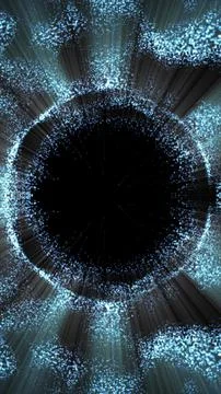 Abstract circular formation of glowing blue particles radiating from a dark.. Stockillustratie