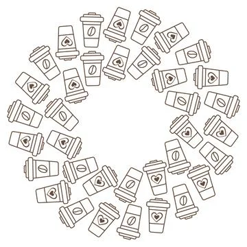 Abstract circular frame border Outline Disposable cups Coffee bean or heart Illustrazione stock