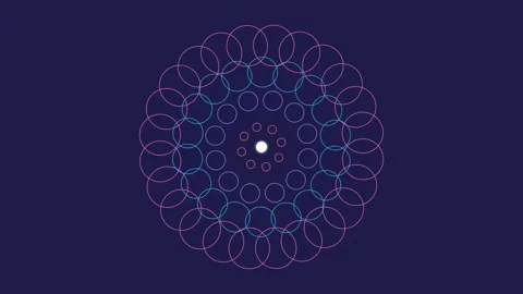 Abstract circular geometric pattern with neon glowing rings on dark backgroun Stock Footage 336263331