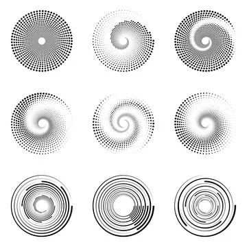 Abstract Circular Halftone Spiral Pattern Set on White Background Stock Illustration
