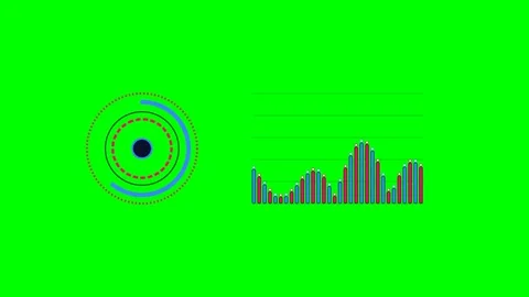 Abstract circular pulse animation alongside a fluctuating bar graph visual Stock Footage 340264868