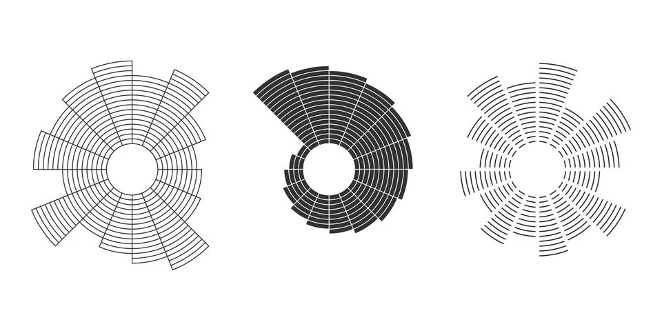 Abstract circular radial chart set, segmented ring diagrams in black and wh.. Ilustración de archivo
