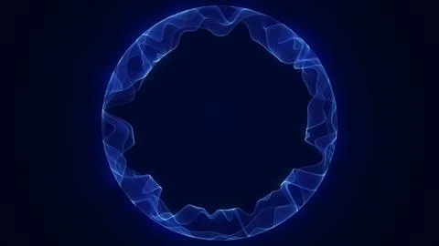 Abstract circular ring made of glowing blue mesh lines with particle wave e.. Stock Illustration