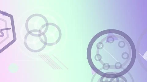 Abstract circular rings and network nodes float over a calm pastel gradient.. Stock Illustration