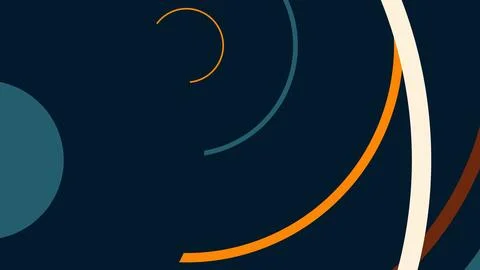 Abstract circular shapes in orange teal cream and brown arcs on a dark navy f Illustrazione stock