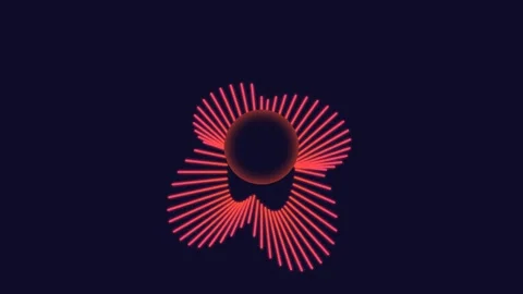 Abstract circular sound wave visualizer with glowing red lines on dark blue Video stock 335118201