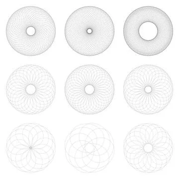 Abstract Circular Spirograph Pattern Set with Geometric Line Designs Stock Illustration