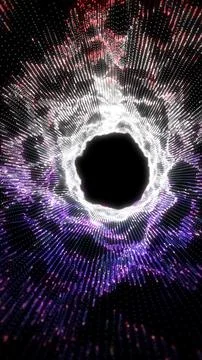 Abstract circular vortex made of glowing dots in white, pink, and purple tone Stockillustratie