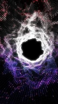 Abstract circular vortex made of glowing dots in white, pink, and purple to.. Stockillustratie