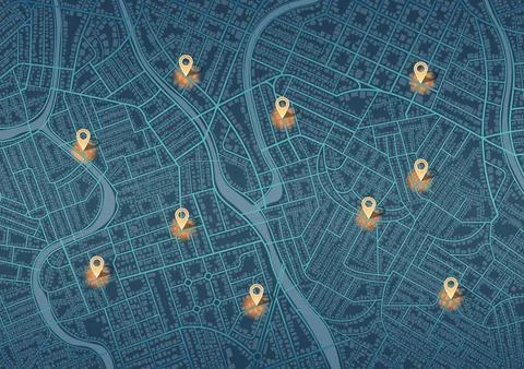 Abstract city map with orange location pins, dark blue urban navigation Ilustração Stock