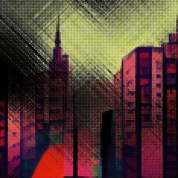 Abstract cityscape halftone dots background. Vector illustration Illustrazione stock