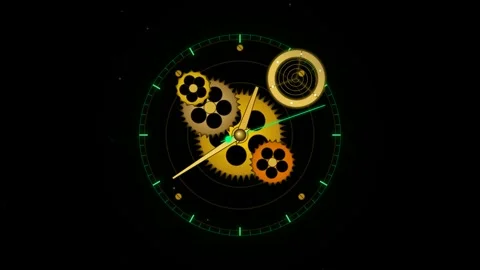 Abstract clock face with glowing golden mechanical gears and clockwork parts Video stock 347364843