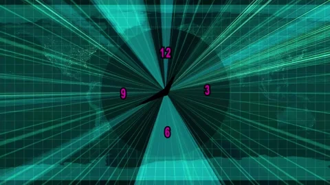 Abstract clock face with world map and glowing grid lines time.Futuristic a.. Stock Footage 321397115