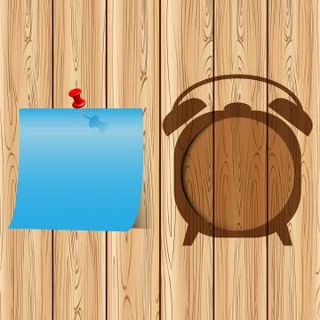 Abstract clock frame with blue paper on wood background can used for template Stock Illustration