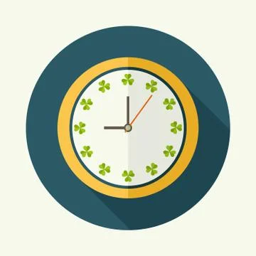 Abstract Clock With Shamrocks And Long Shadow. Positive Start Of The Day Concept Stock Illustration