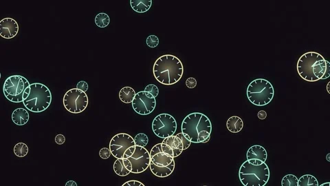 Abstract clocks drift and scatter against a dark backdrop, symbolizing the Stock Footage 326706316