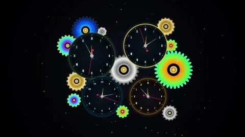 Abstract clockwork mechanism with colorful spinning gears and ticking watch.. 스톡 동영상 344021898
