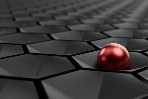 Abstract Close Up 3D Rendered Black Hexagon Tiles with Single Red Sphere Ba.. 写真素材