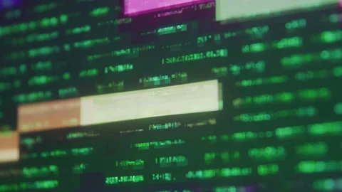 Abstract Close up of Distorted Glitching Computer Screen Being Hacked at Night Stock Footage 219582768