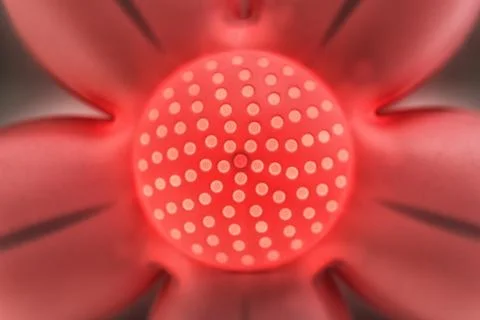 Abstract close up image of red plastic flower with set of round holes in the  Stock Photos