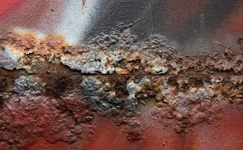 Abstract close-up of rust and aged paint on a corroded metal surface. Stock Photos