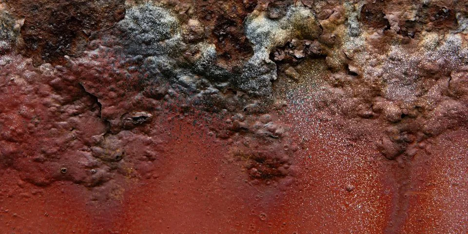Abstract close-up of rust and aged paint on a corroded metal surface. Stock Photos