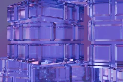 Abstract close-up of translucent, violet-tinted glass-like blocks stacked g.. 스톡 일러스트