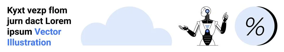 Abstract cloud, AI robot with hands raised, and percentage symbol in a blue c Illustrazione stock