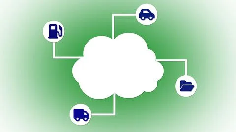 Abstract cloud computing concept with connected icons representing various .. Illustrazione stock