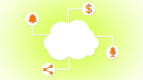 Abstract cloud computing concept with icons on a green gradient background. 스톡 일러스트