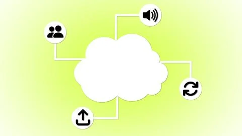 Abstract cloud computing concept with icons on a green gradient background. Stock Illustration