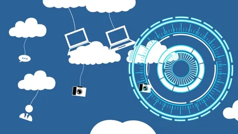 Abstract cloud computing concept with laptops cameras and clouds circular f.. Stock Footage 334762872
