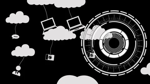 Abstract cloud computing concept with laptops cameras and clouds circular f.. Stock Footage 334762879