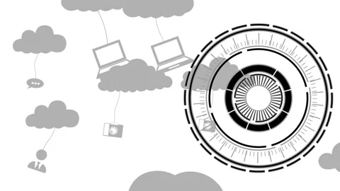 Abstract cloud computing concept with laptops cameras and clouds circular f.. Stock Footage 334762887