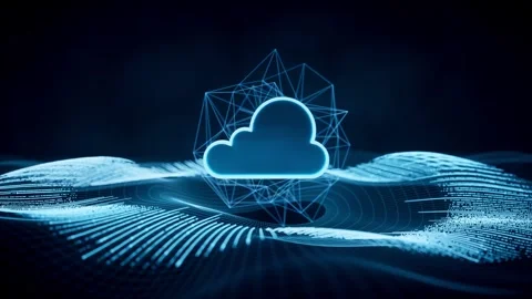 Abstract cloud computing icon glowing over digital wave and data network in.. Stock Footage 332222527