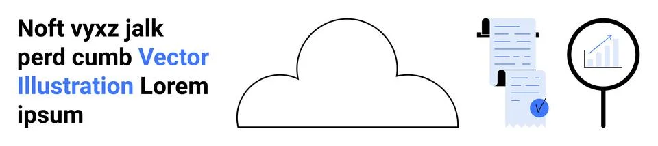 Abstract cloud, document with checkmark, and magnifying glass with graph. Ide Stock Illustration