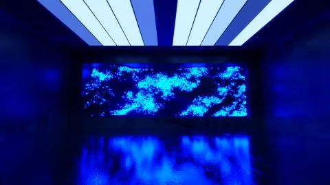 Abstract cloud of randomly glowing blue spheres in a futuristic room. Concept Foto stock
