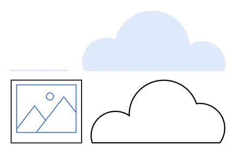 Abstract cloud shape, mountain image with a sun inside a rectangle, and overl Ilustración de archivo
