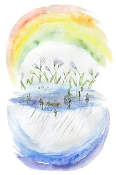 Abstract cloud with snowdrops and rainbow Stock Illustration